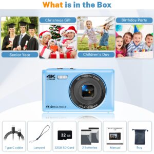 Digital Camera, Saneen FHD Kids Cameras for Photography, 4K 44MP Compact Point and Shoot Camera for Kids, Teens & Beginners with 32GB SD Card,16X Digital Zoom, 2 Rechargeable Batteries-Blue