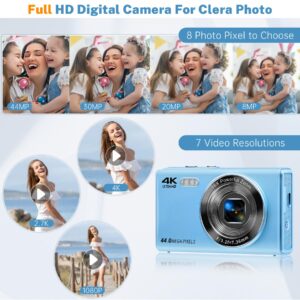 Digital Camera, Saneen FHD Kids Cameras for Photography, 4K 44MP Compact Point and Shoot Camera for Kids, Teens & Beginners with 32GB SD Card,16X Digital Zoom, 2 Rechargeable Batteries-Blue
