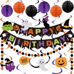 meowtastic halloween birthday decorations - happy birthday banner with honeycomb ball, halloween hanging swirl streamer, circle dot garland decorations - halloween theme birthday party decoration