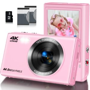 digital camera, saneen fhd kids cameras for photography, 4k 44mp compact point and shoot camera for kids, teens & beginners with 32gb sd card,16x digital zoom, 2 rechargeable batteries-pink