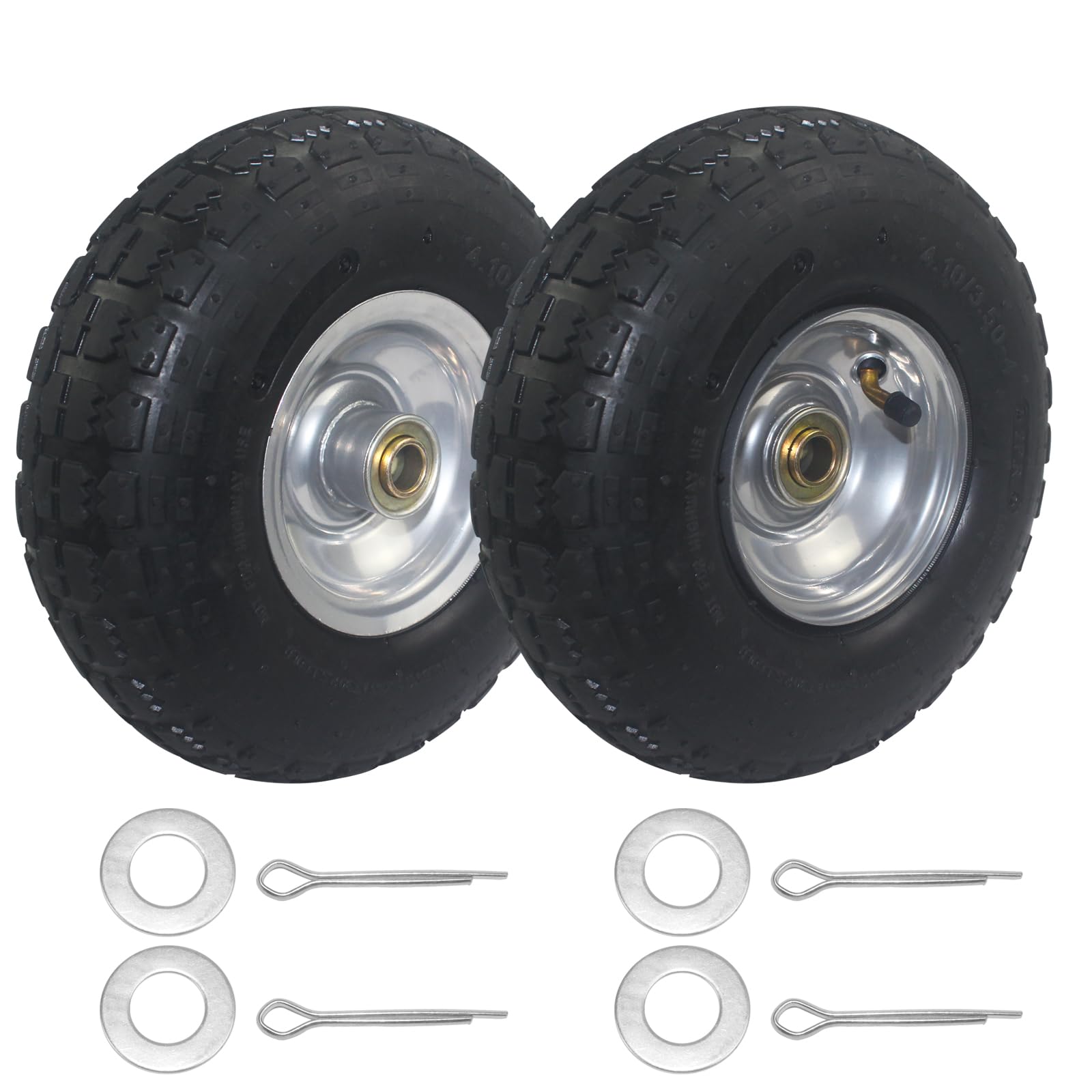 2 Packs 10" Heavy Duty Tire and Wheel, 4.10/3.50-4 Pneumatic Tire Solid Rubber Tire with 2.25" Offset Hub 5/8" Axle Bore Hole and Sealed Bearings for Gorilla Cart Tires/Dolly Wheels/Hand Truck Wheels