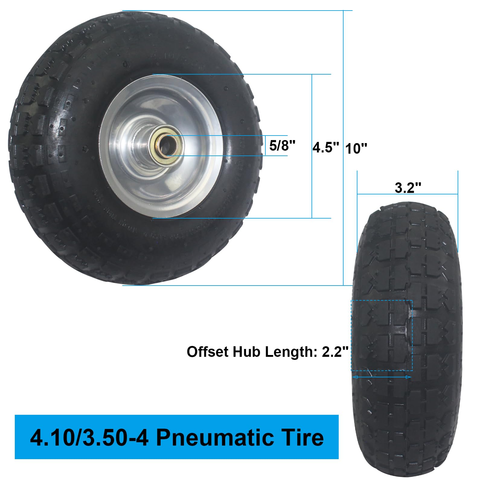 2 Packs 10" Heavy Duty Tire and Wheel, 4.10/3.50-4 Pneumatic Tire Solid Rubber Tire with 2.25" Offset Hub 5/8" Axle Bore Hole and Sealed Bearings for Gorilla Cart Tires/Dolly Wheels/Hand Truck Wheels
