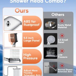 Rain Shower Head with Handheld Combo, High Pressure 12 Inch Rainfall Shower Head with 4 Spray Handheld Shower Heads, Upgrade 12'' Shower Extension Arm for Adjust Up & Down Flexible, Stainless Steel