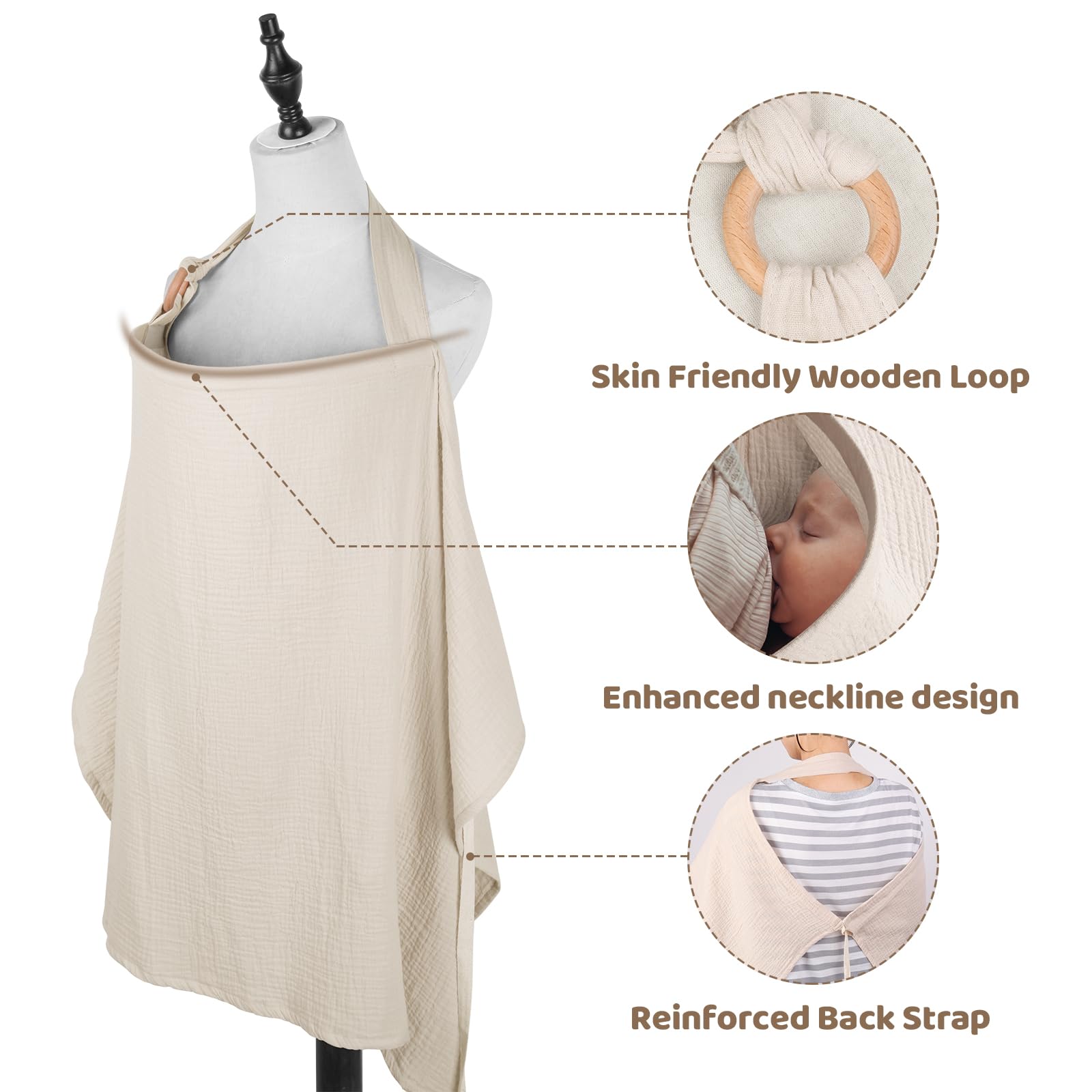 Muslin Nursing Covers for Breastfeeding, MVUOCR 100% Cotton Breastfeeding Cover for Mom, Multi-use Nursing Apron with Drawstring Bag, Soft and Breathable Privacy Nursing Covers with Wooden Hoop