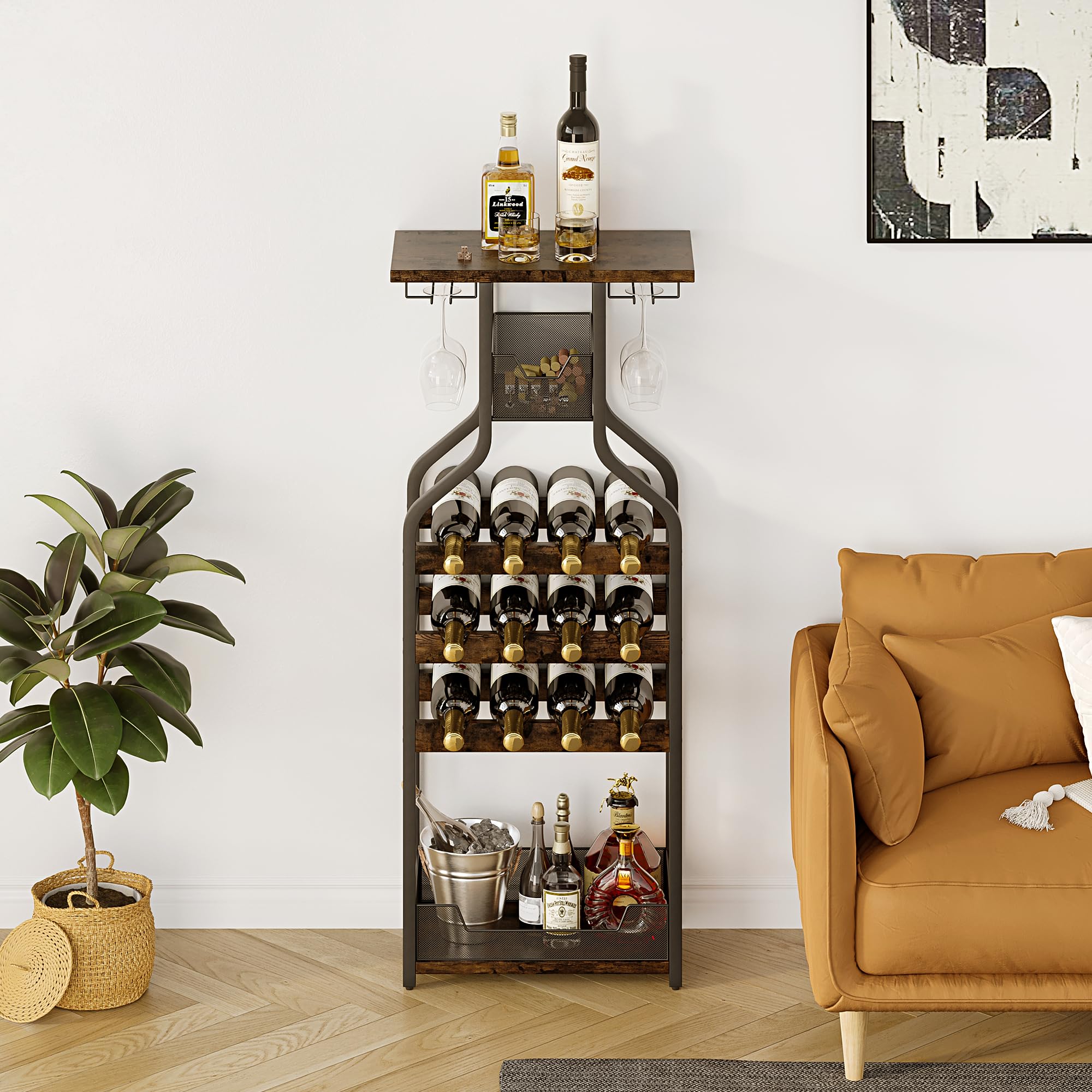 GAOMON Metal Wine Rack Wine Bottle Holders Stands Freestanding Floor, Wine Storage Organizer Display Rack Table Wine Glass Rack for Bar Kitchen Dining Living Room, Small Spaces (Rustic Brown)