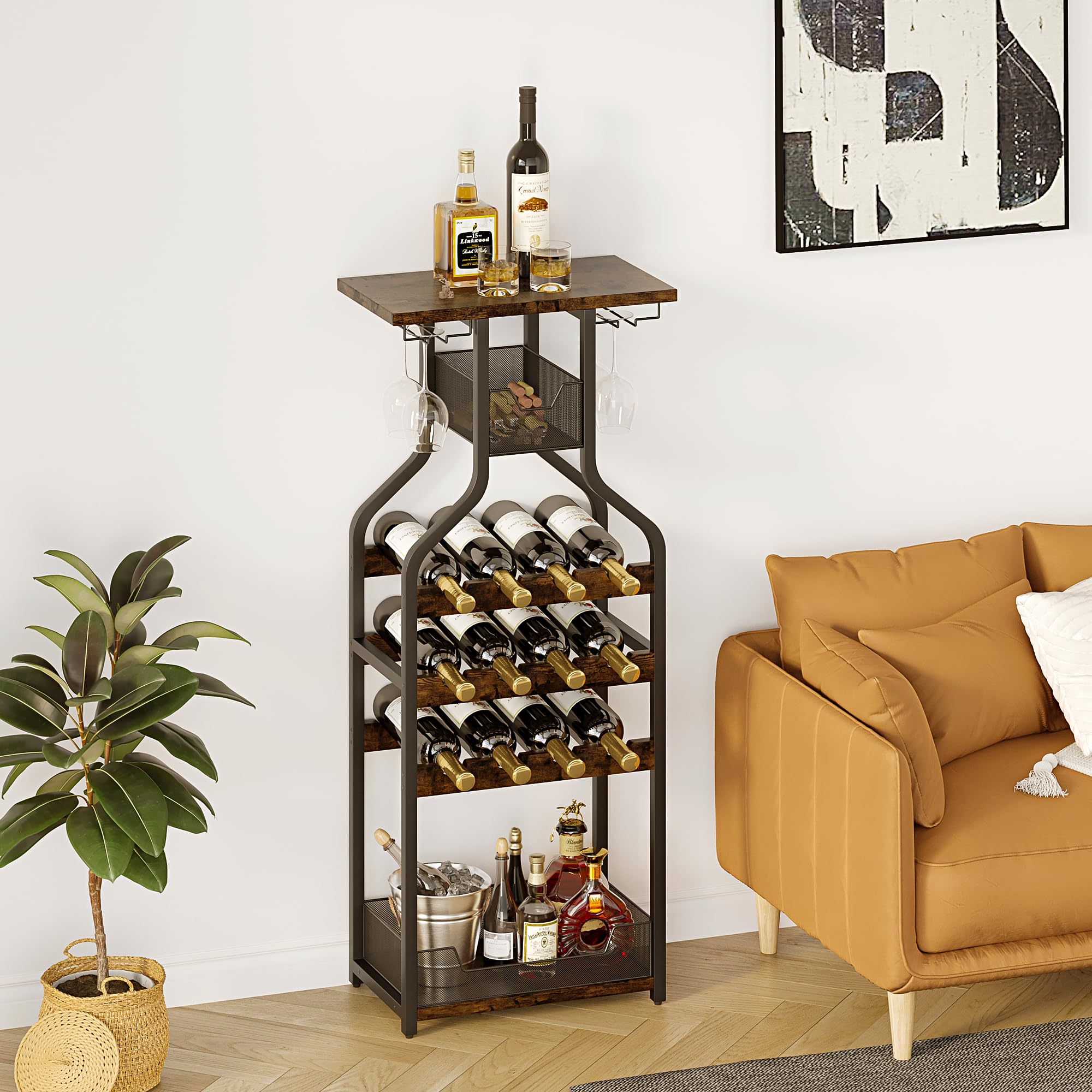 GAOMON Metal Wine Rack Wine Bottle Holders Stands Freestanding Floor, Wine Storage Organizer Display Rack Table Wine Glass Rack for Bar Kitchen Dining Living Room, Small Spaces (Rustic Brown)