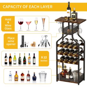 GAOMON Metal Wine Rack Wine Bottle Holders Stands Freestanding Floor, Wine Storage Organizer Display Rack Table Wine Glass Rack for Bar Kitchen Dining Living Room, Small Spaces (Rustic Brown)