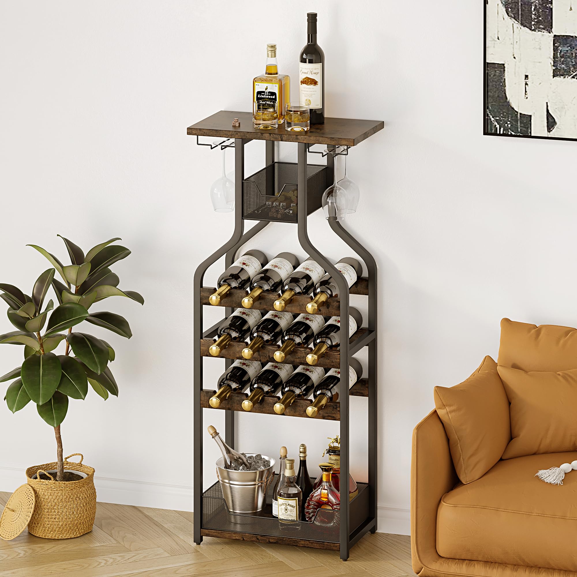 GAOMON Metal Wine Rack Wine Bottle Holders Stands Freestanding Floor, Wine Storage Organizer Display Rack Table Wine Glass Rack for Bar Kitchen Dining Living Room, Small Spaces (Rustic Brown)