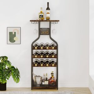 GAOMON Metal Wine Rack Wine Bottle Holders Stands Freestanding Floor, Wine Storage Organizer Display Rack Table Wine Glass Rack for Bar Kitchen Dining Living Room, Small Spaces (Rustic Brown)