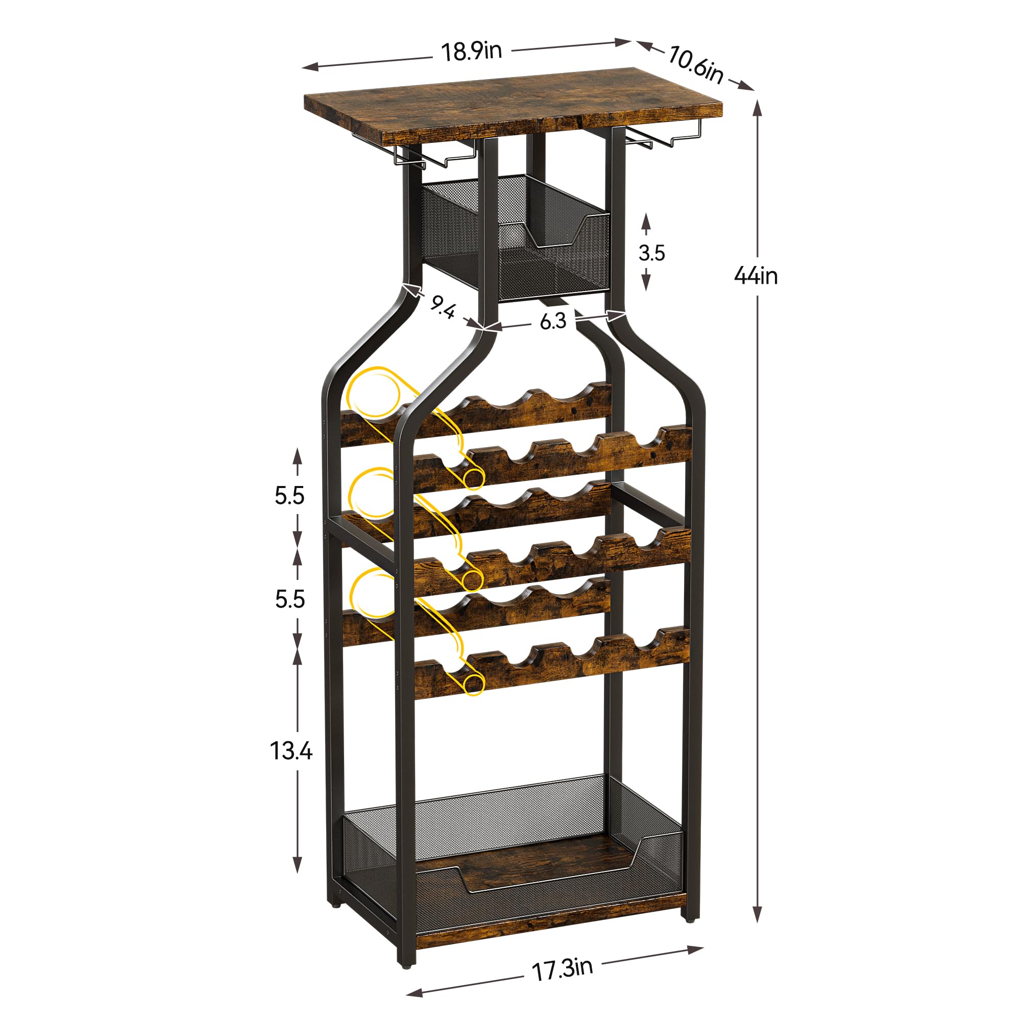 GAOMON Metal Wine Rack Wine Bottle Holders Stands Freestanding Floor, Wine Storage Organizer Display Rack Table Wine Glass Rack for Bar Kitchen Dining Living Room, Small Spaces (Rustic Brown)