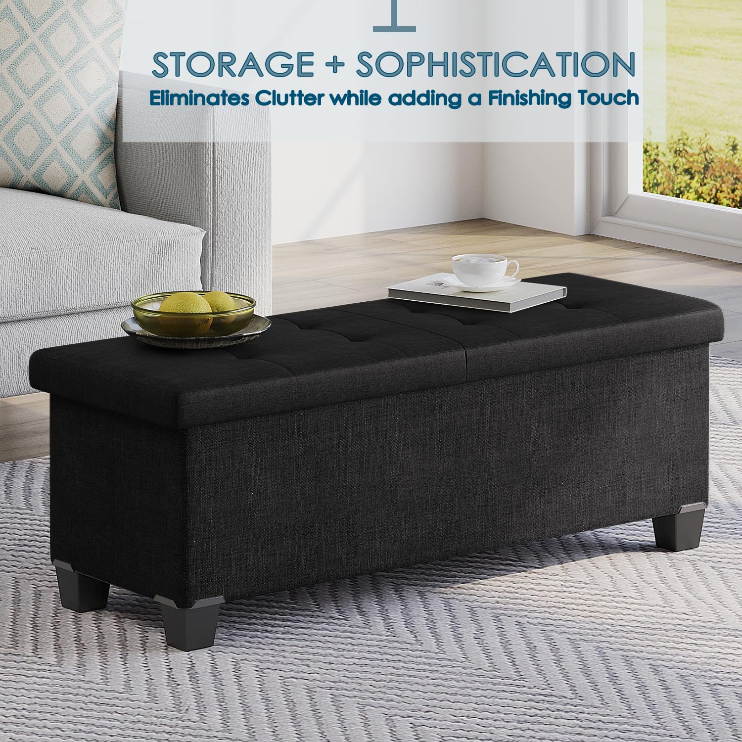 Storage Ottoman Cube with Storage Bin, 15-In Square Ottoman with Storage for Living Room and Bedroom, Small Ottoman Foot Rest, Foot Stools Ottoman, Storage Chest Max 330lbs, Linen Fabric Black Ottoman
