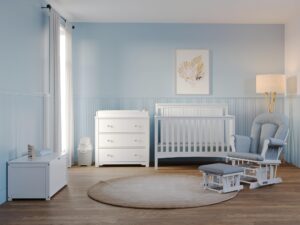 child craft scout 4-piece nursery set with 4-in-1 convertible crib, dresser with changing table topper, cozy glider, and toy box, grows with your baby (matte white)