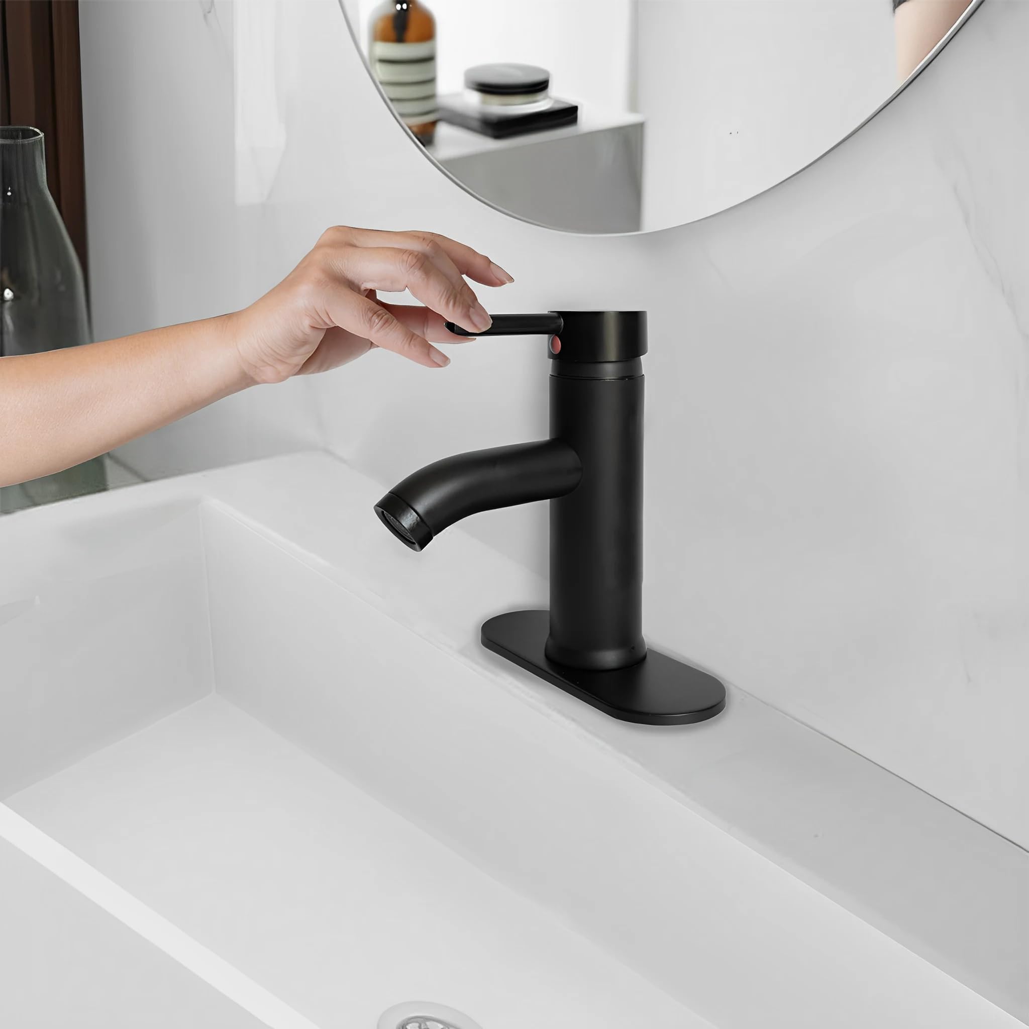 Matte Black Bathroom Faucet - Single Handle Vessel Sink Faucet for 1 and 3 Holes with 6 Inch Deck Plate & 24 Inch Hose - Mixer Vanity Faucet for Bath and RV Sinks