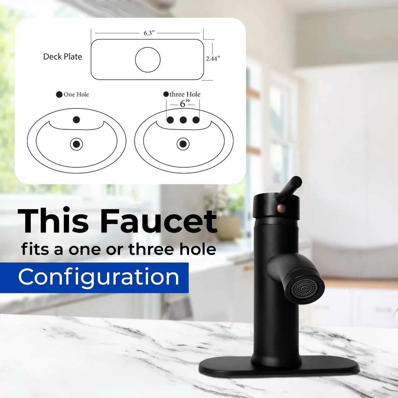 Matte Black Bathroom Faucet - Single Handle Vessel Sink Faucet for 1 and 3 Holes with 6 Inch Deck Plate & 24 Inch Hose - Mixer Vanity Faucet for Bath and RV Sinks