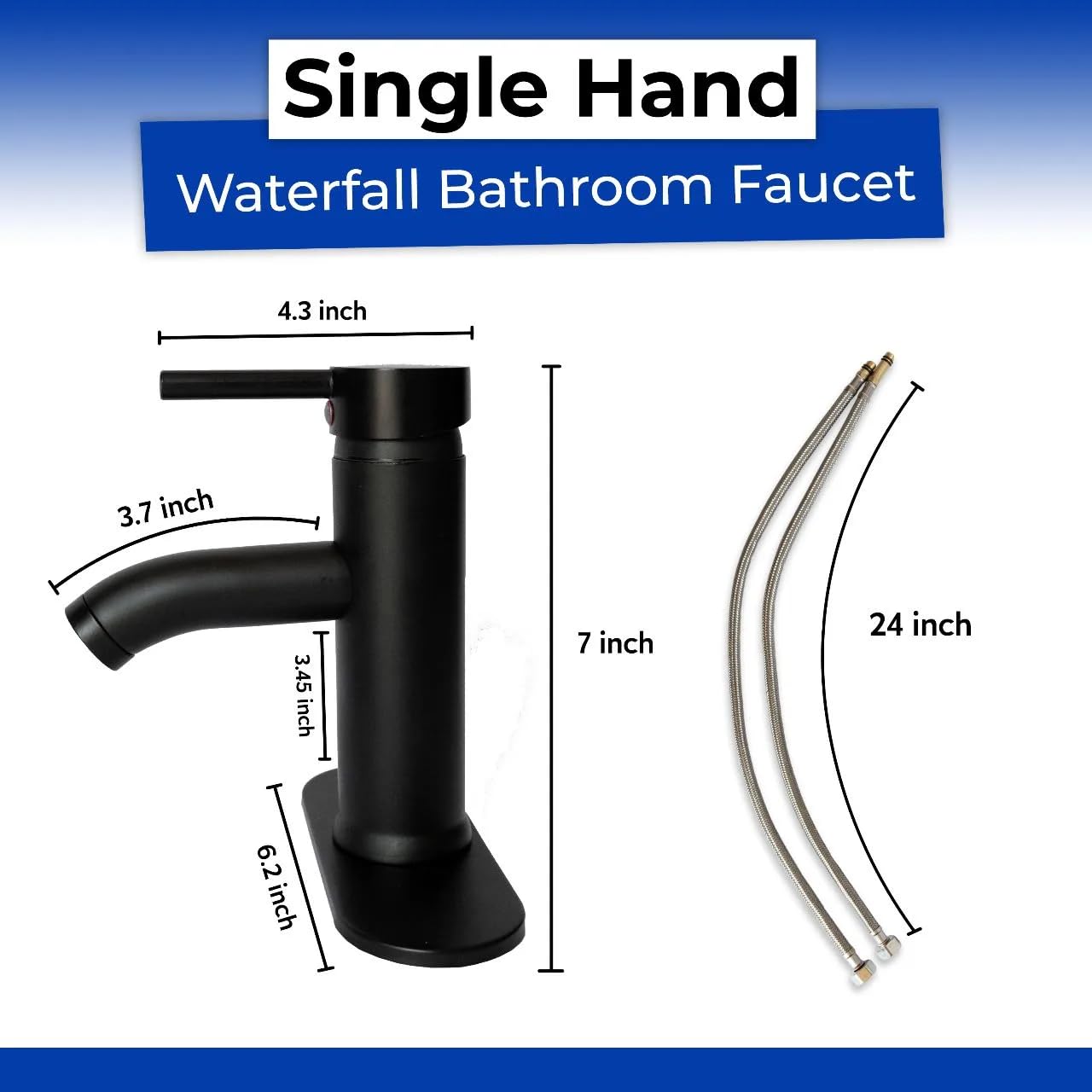 Matte Black Bathroom Faucet - Single Handle Vessel Sink Faucet for 1 and 3 Holes with 6 Inch Deck Plate & 24 Inch Hose - Mixer Vanity Faucet for Bath and RV Sinks