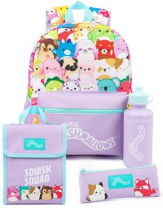 squishmallows girls 4 piece backpack set | kids purple rucksack bundle with school bag, pencil case, lunch bag & water bottle