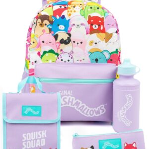 Squishmallows Girls 4 Piece Backpack Set | Kids Purple Rucksack Bundle with School Bag, Pencil Case, Lunch Bag & Water Bottle