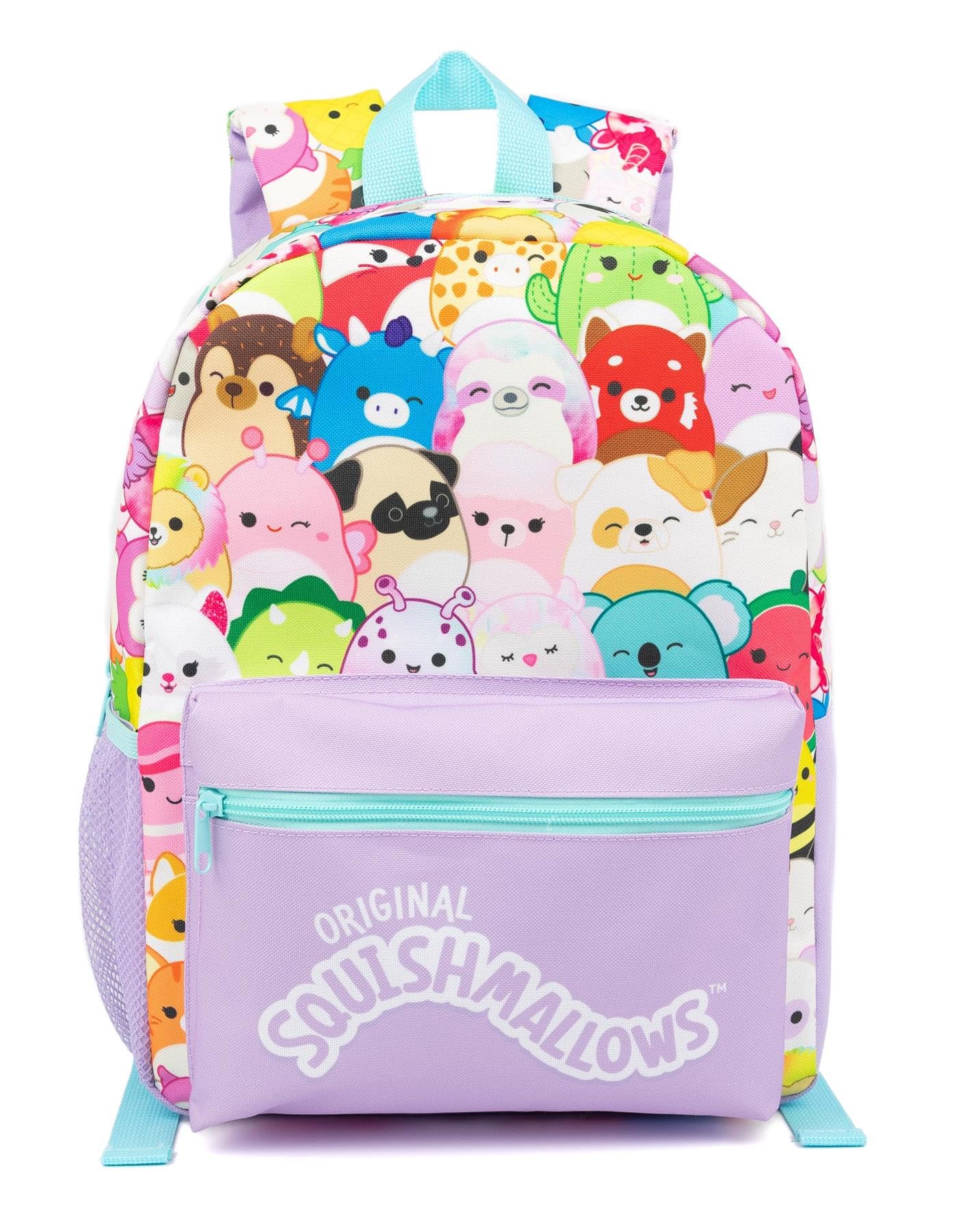 Squishmallows Girls 4 Piece Backpack Set | Kids Purple Rucksack Bundle with School Bag, Pencil Case, Lunch Bag & Water Bottle