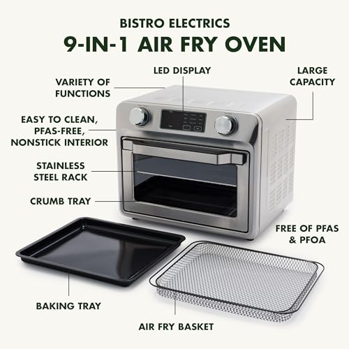 GreenPan Bistro Stainless Steel 9-in-1 Air Fry Oven, Nonstick Baking Pan, Stainless Steel Rack, and Basket, Fast Heating, Multifunction Presets, Cool-Touch Handle, PFAS-Free, Easy Cleanup Crumb Tray