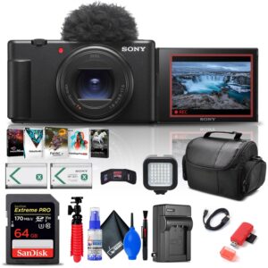 sony zv-1 ii vlog camera for content creators and vloggers (black) (zv-1m2/b) + 64gb card + corel photo software + np-bx1 battery + card reader + led light + soft bag + flex tripod + more (renewed)