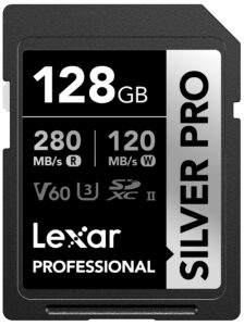 lexar 128gb professional 128gb silver pro sdxc memory card, uhs-ii, c10, u3, v60, full-hd & 4k video, up to 280mb/s read, for professional photographer, videographer, enthusiast (lsdsipr128g-bnnnu)