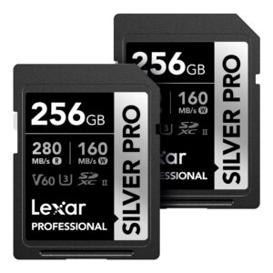 lexar 256gb (2-pk) professional silver pro sdxc memory card, uhs-ii, c10, u3, v60, full-hd & 4k video, up to 280mb/s read, for professional photographer, videographer, enthusiast (lsdsipr256g-b2nnu)