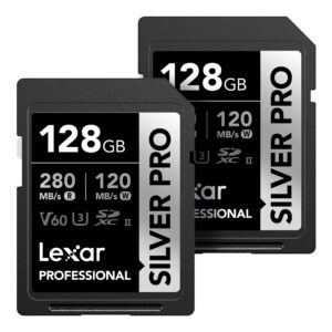 lexar 128gb (2-pk) professional silver pro sdxc memory card, uhs-ii, c10, u3, v60, full-hd & 4k video, up to 280mb/s read, for professional photographer, videographer, enthusiast (lsdsipr128g-b2nnu)