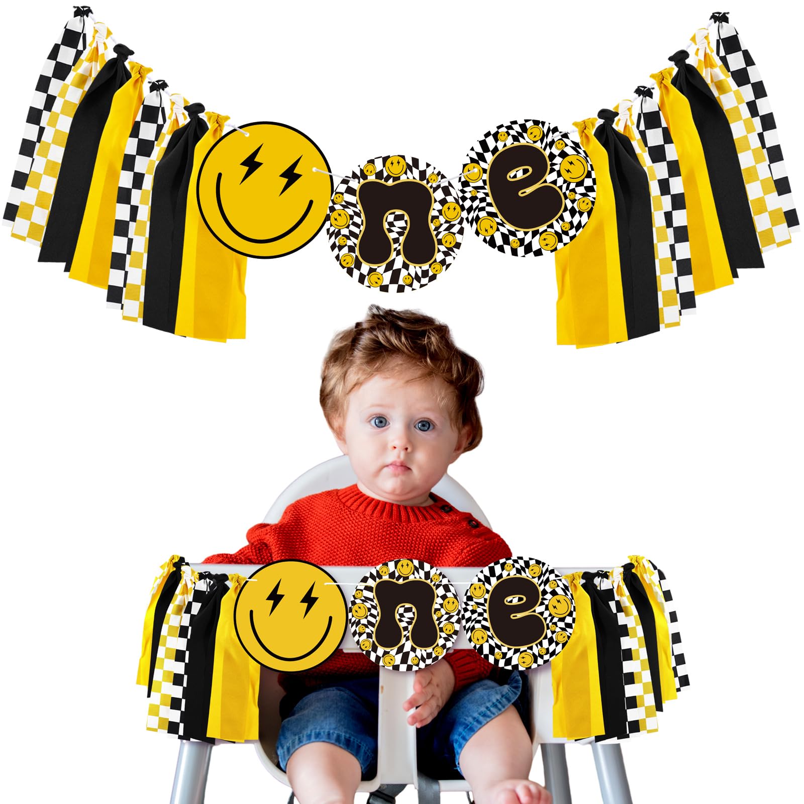 Therwen One Happy Dude High Chair Banner Lightning Smile Face First Birthday Banner One Happy Dude Birthday Decor Groovy Hippie Party Supplies for Kids 1st Birthday Baby Shower Photo Props (Cute)