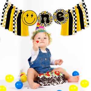 Therwen One Happy Dude High Chair Banner Lightning Smile Face First Birthday Banner One Happy Dude Birthday Decor Groovy Hippie Party Supplies for Kids 1st Birthday Baby Shower Photo Props (Cute)