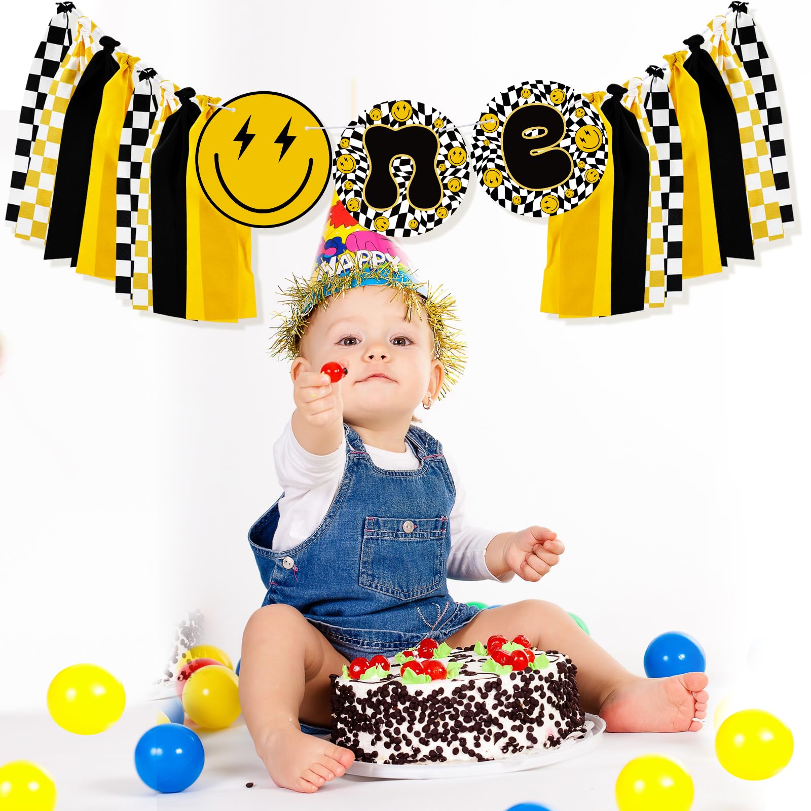 Therwen One Happy Dude High Chair Banner Lightning Smile Face First Birthday Banner One Happy Dude Birthday Decor Groovy Hippie Party Supplies for Kids 1st Birthday Baby Shower Photo Props (Cute)