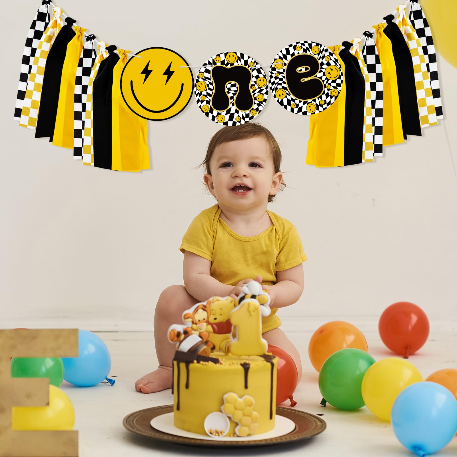 Therwen One Happy Dude High Chair Banner Lightning Smile Face First Birthday Banner One Happy Dude Birthday Decor Groovy Hippie Party Supplies for Kids 1st Birthday Baby Shower Photo Props (Cute)