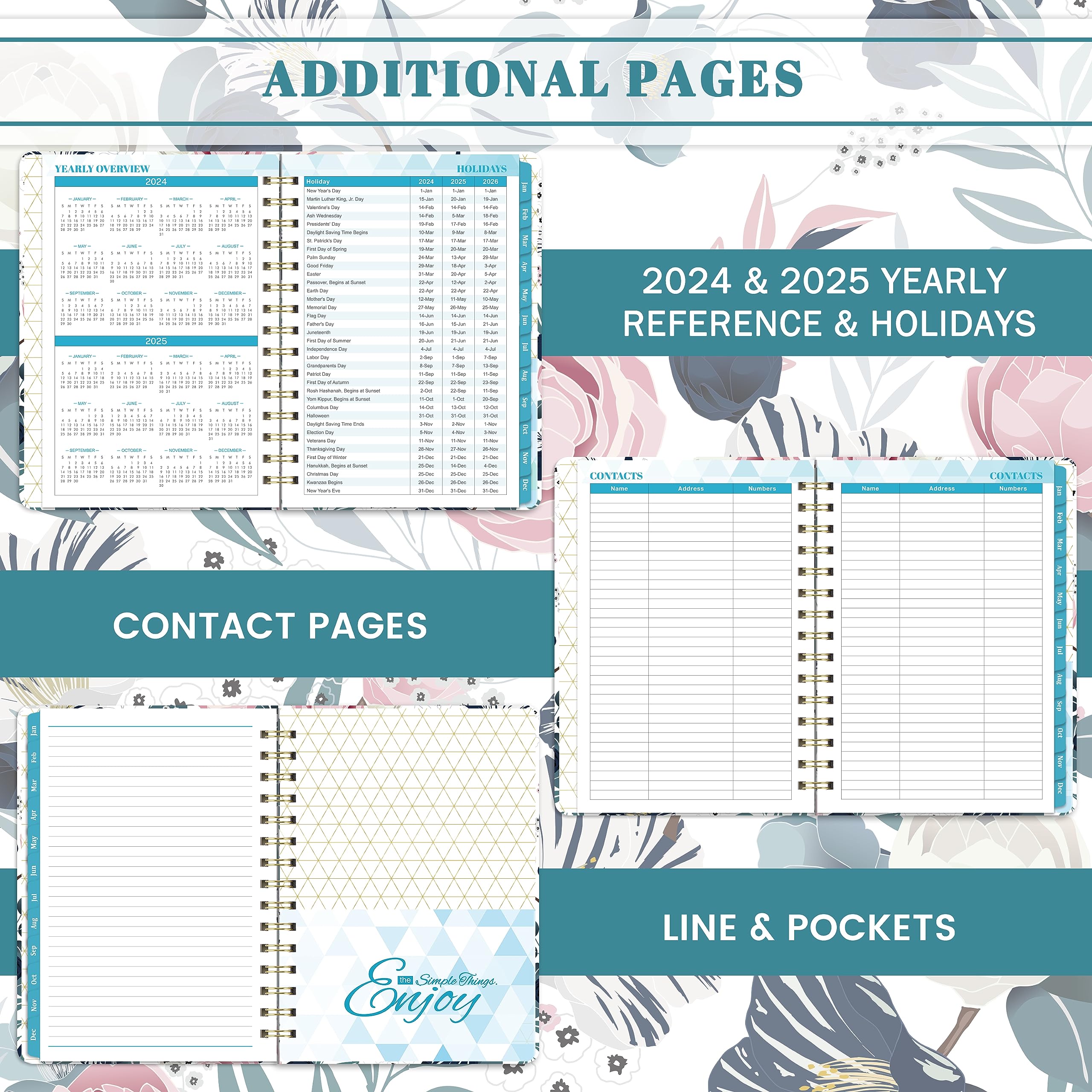 2024 Planner - Planner/Calendar 2024, Jan 2024 - Dec 2024, 2024 Planner Weekly and Monthly with Tabs, 6.3" x 8.4", Hardcover with Back Pocket + Thick Paper + Twin-Wire Binding - Petunia