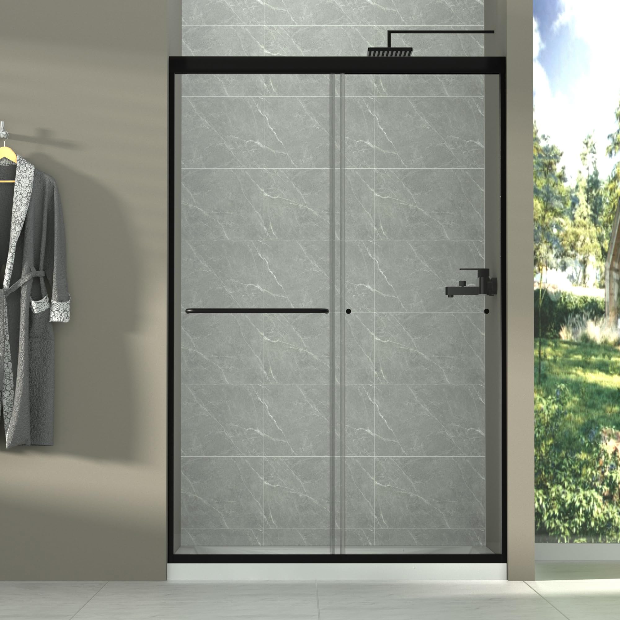 Gxcevsou 44-48" W x 72" H Semi-Frameless Sliding Shower Door, Glass Shower Door with 1/4'' (6mm) Clear SGCC Tempered Glass, Matte Black Finish, Shower Doors can be Installed Left and Right