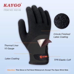 KAYGO Waterproof Thermal Work Gloves for Men and Women, Full Hand Latex Coated, Acrylic Insulated Liner for Freezer Cold Weather, Fine Crinkle Grip,KG140W,Black,L