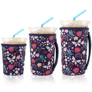 3 pack reusable iced coffee sleeves for iced coffee cups or drinks reusable neoprene insulated sleeves for hot and cold drinks from starbucks, dunkin, and more (butterfly bush)