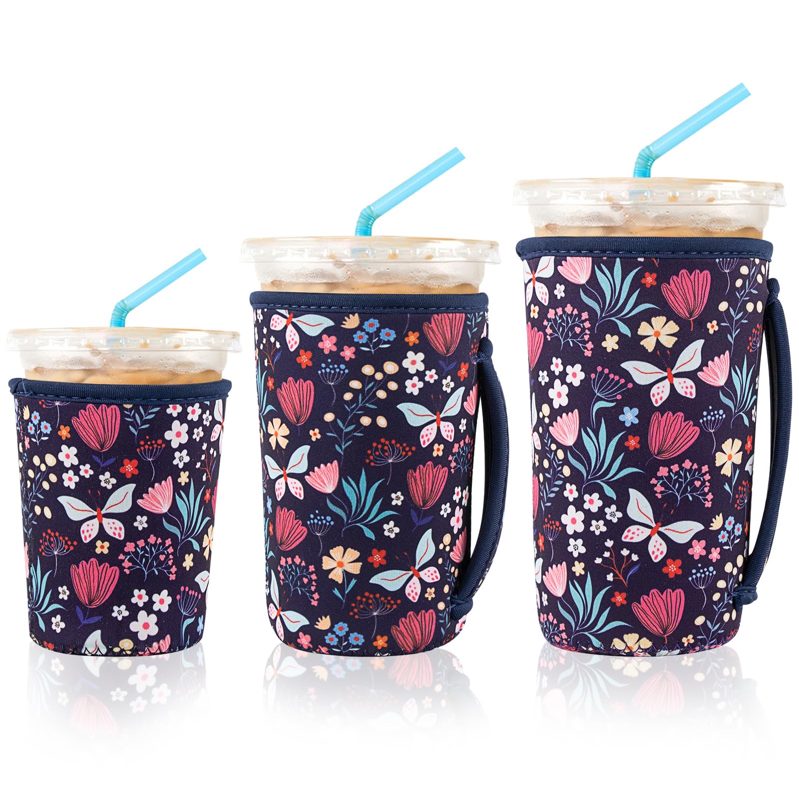 3 Pack Reusable Iced Coffee Sleeves for Iced Coffee Cups or Drinks Reusable Neoprene Insulated Sleeves for Hot and Cold Drinks from Starbucks, Dunkin, And More (Butterfly Bush)