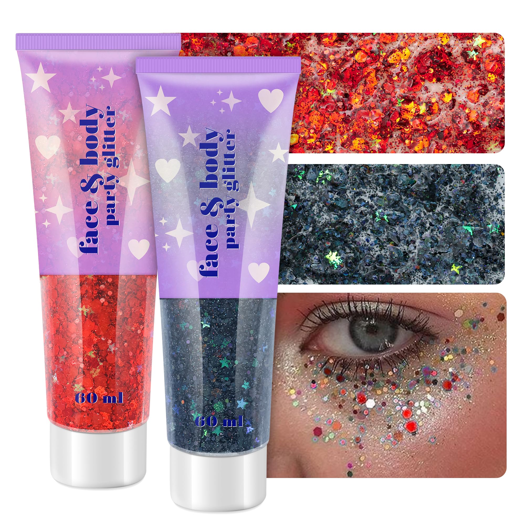 Body Glitter Gel, 2 Jars Holographic Chunky Glitter Makeup for Body, Hair, Face, Nail, Lip, Eyeshadow, Total 120ML Long Lasting Iridescent Chunky Glitter for Concert Festival Rave (Red & Black)