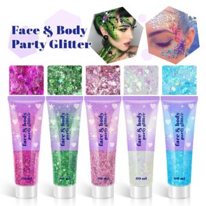 Body Glitter Gel, 2 Jars Holographic Chunky Glitter Makeup for Body, Hair, Face, Nail, Lip, Eyeshadow, Total 120ML Long Lasting Iridescent Chunky Glitter for Concert Festival Rave (Red & Black)