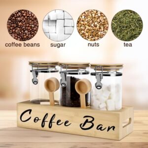 Liengoron 3x54oz Glass Coffee Bean Storage Container with Shelf 3PCS Glass Coffee Containers with Airtight Locking Clamp Lid Spoons Coffee Canister Set Jars for Kitchen Food Storage Tea Sugar,Wood