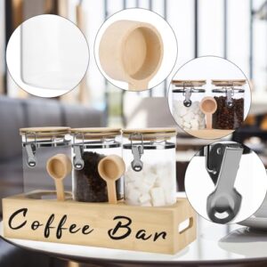 Liengoron 3x54oz Glass Coffee Bean Storage Container with Shelf 3PCS Glass Coffee Containers with Airtight Locking Clamp Lid Spoons Coffee Canister Set Jars for Kitchen Food Storage Tea Sugar,Wood