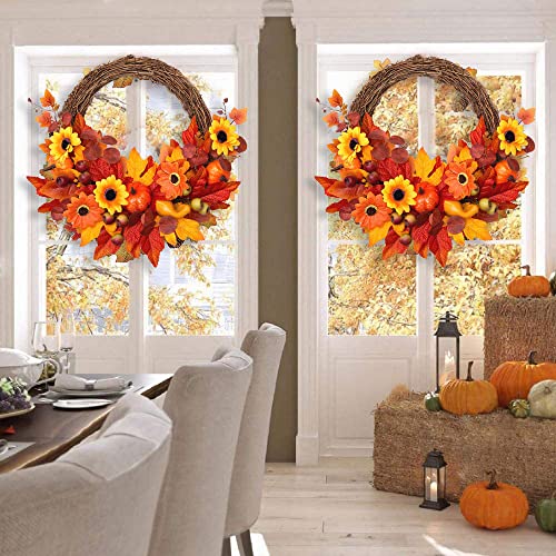 Halloween Decorations,Fall Wreaths for Front Door,Halloween Simulated Sunflower Pumpkin Wreath,Home Relaxed Decor,Outdoor Halloween Decorations,Wall Wreath for Indoor Outdoor