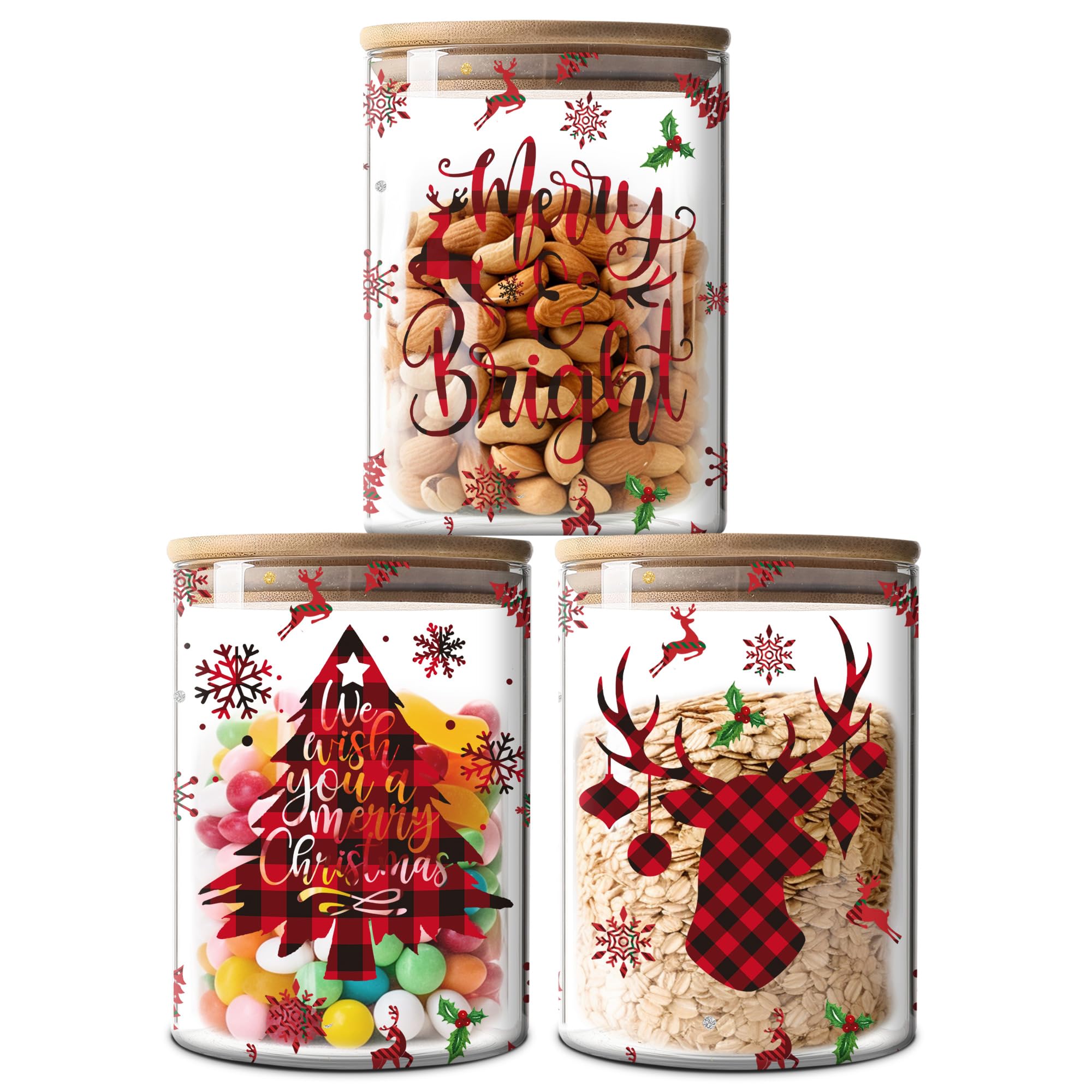 Christmas Plaid Glass Storage Jars Set with Airtight Bamboo Lids - Clear Christmas Home Decor