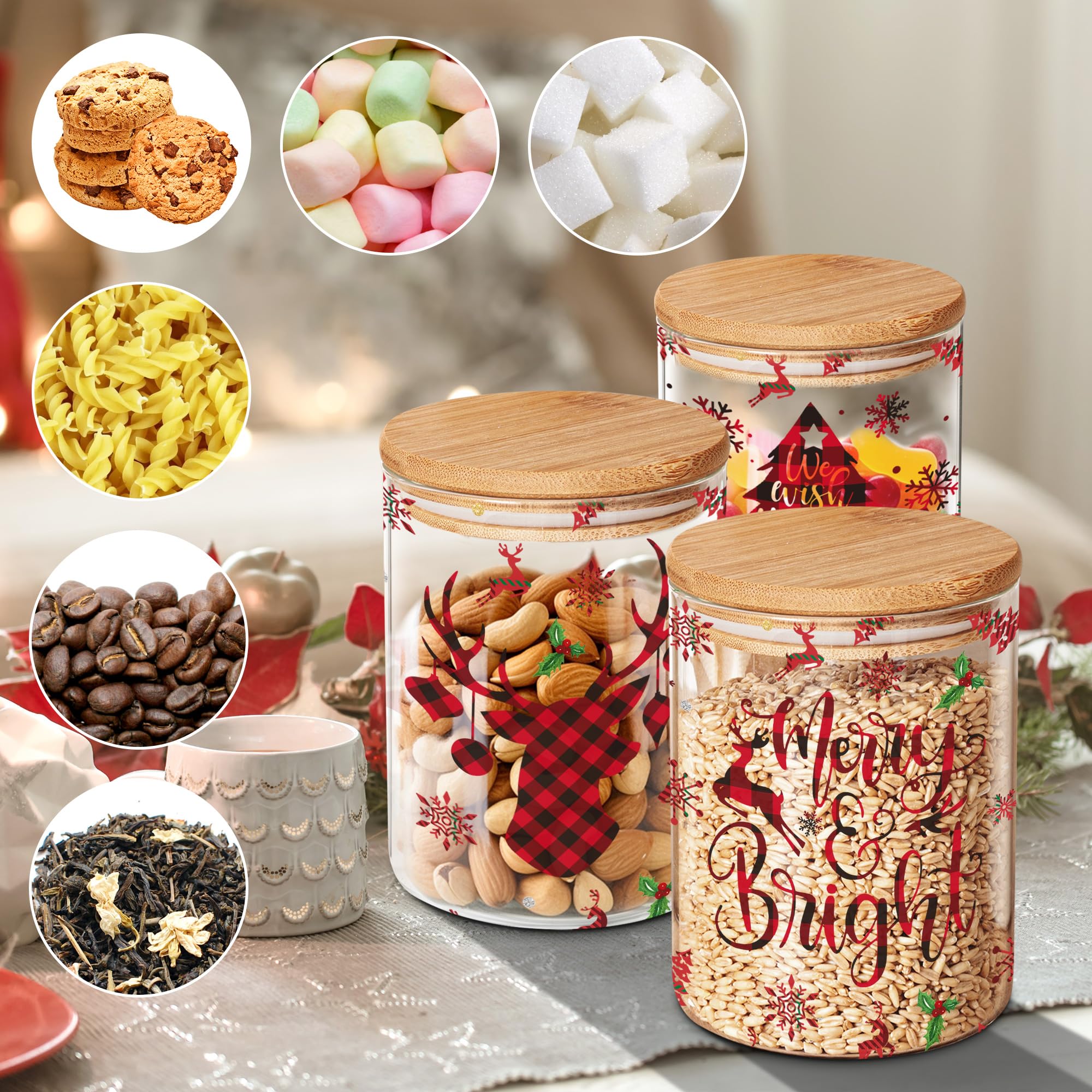 Christmas Plaid Glass Storage Jars Set with Airtight Bamboo Lids - Clear Christmas Home Decor