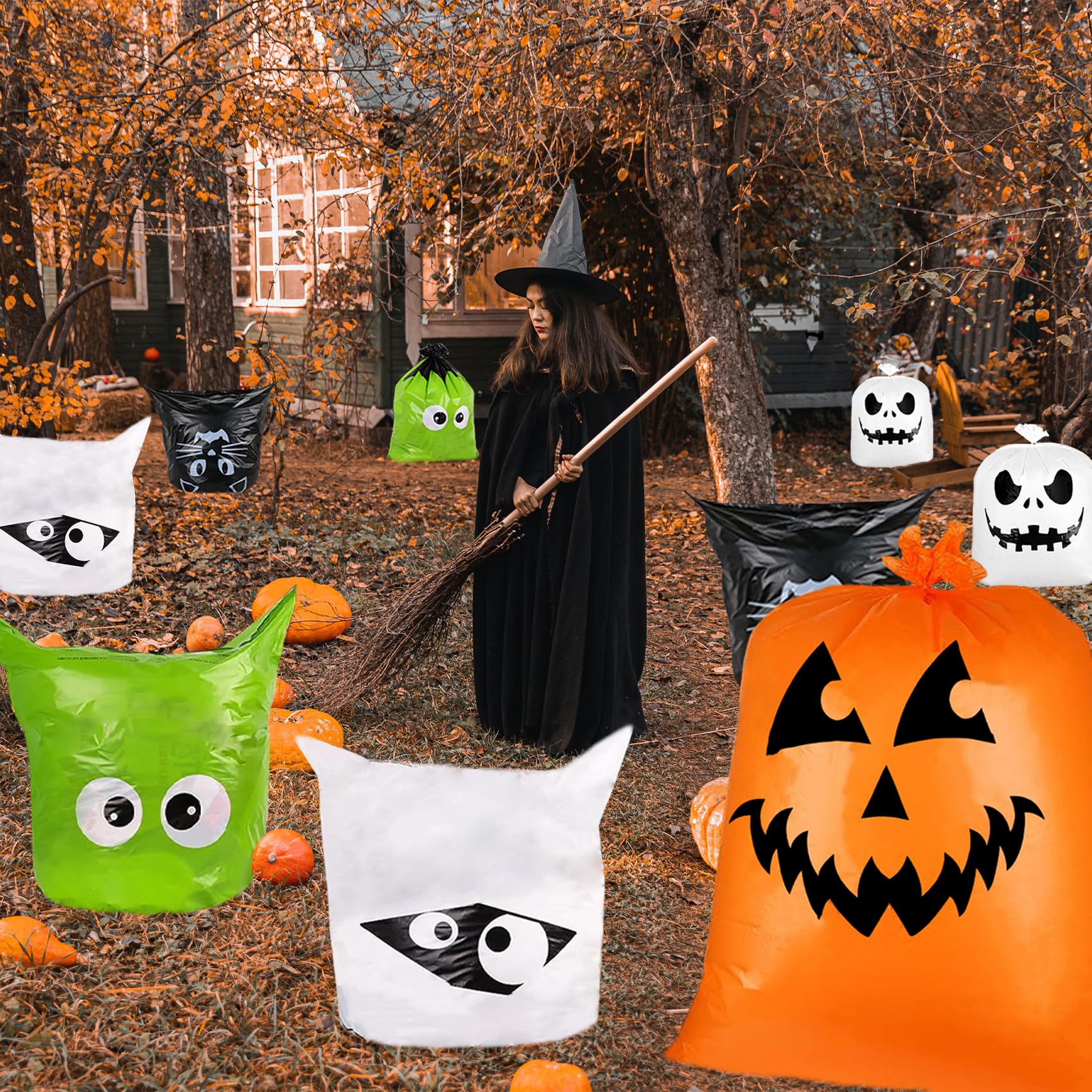 SELPONT igns Halloween Leaf Bags Pumpkin Plastic Lawn and Leaf Bags Decoration - Outdoor Fall Trash Bag Decor Garden Sculpture Outdoor Decoration