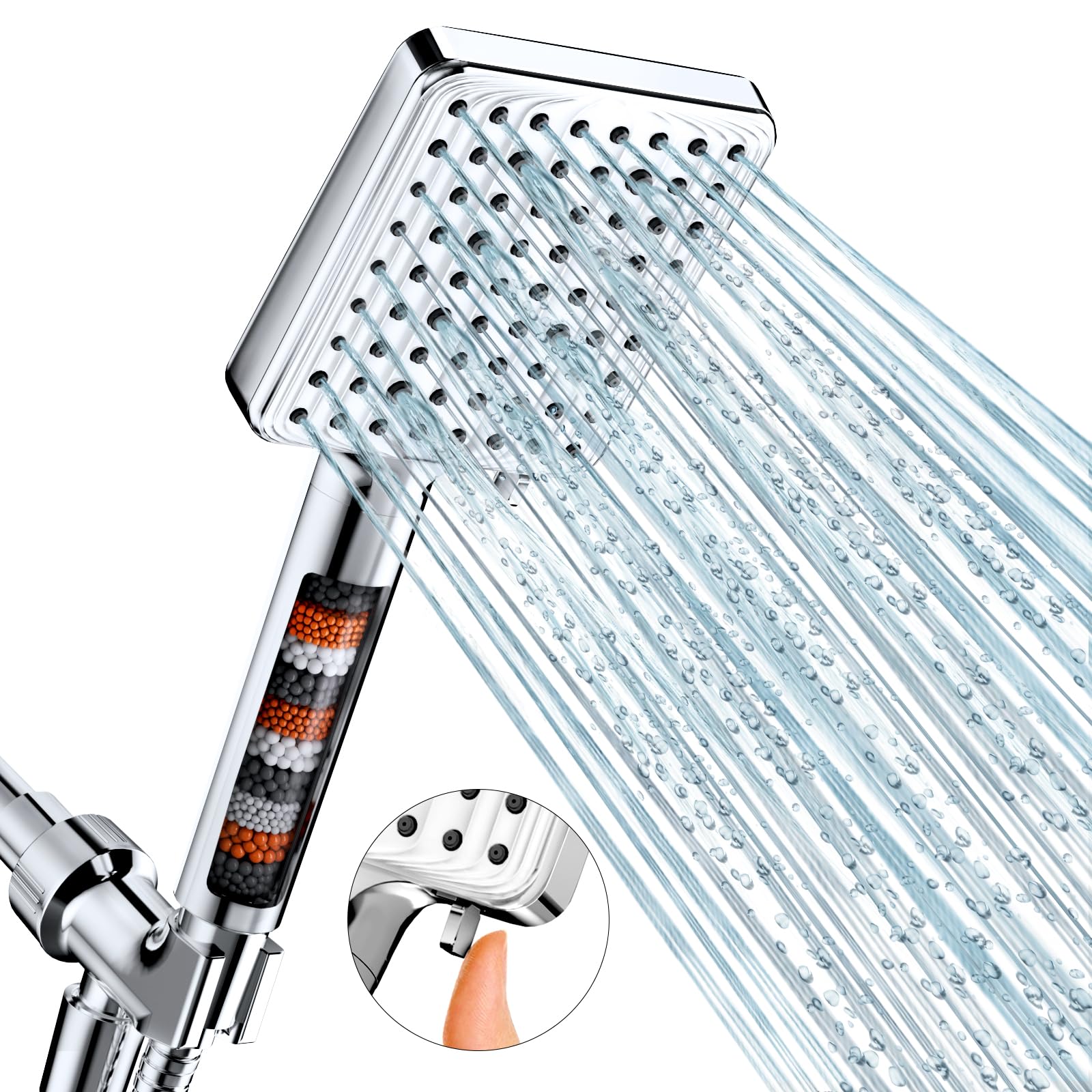 MakeFit Filtered Shower Head - 6 Modes High Pressure Handheld Shower Head with Filter Mineral Beads, Detachable Handheld Showerhead Set with Stainless Steel Hose and Shower Arm Bracket