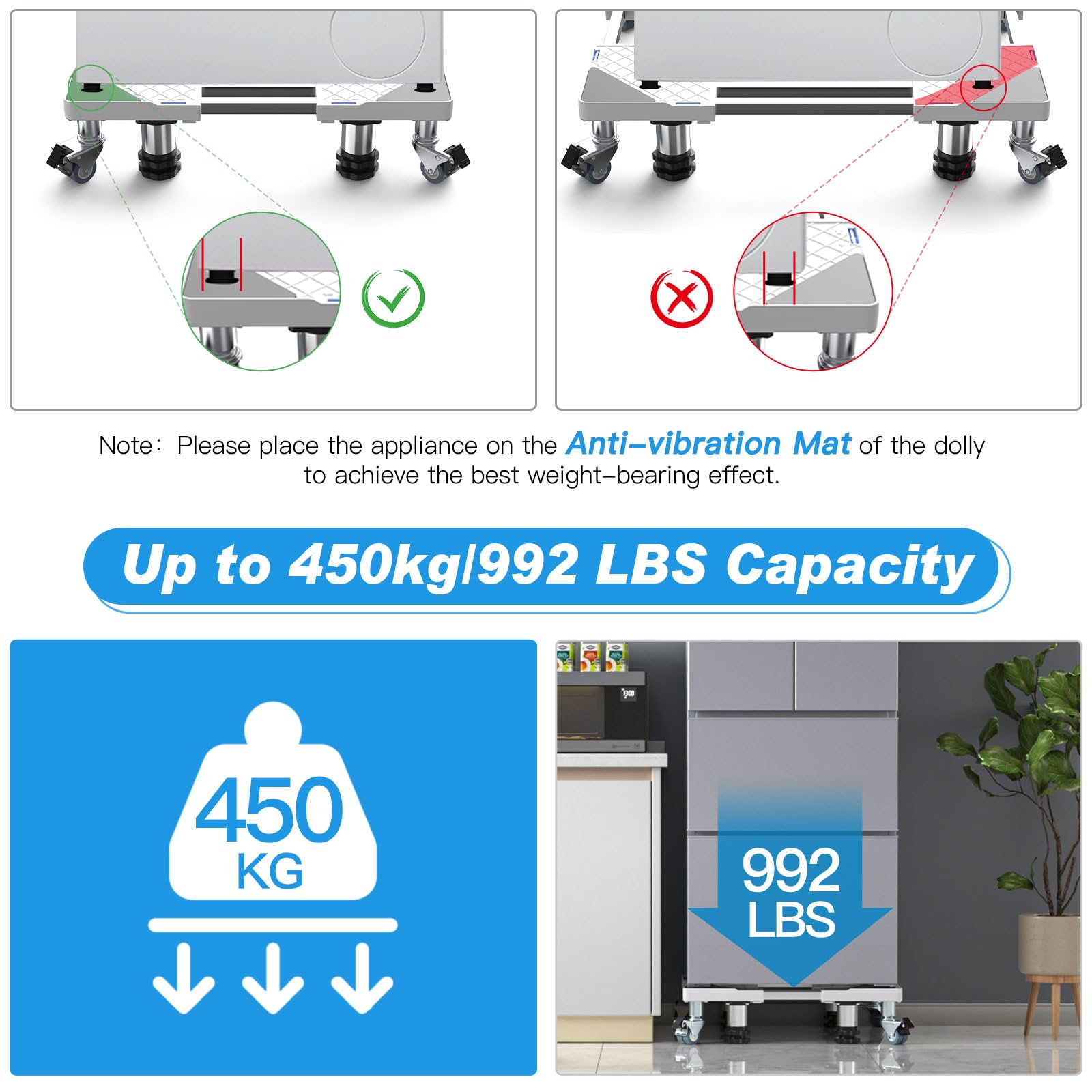 Fridge Stand Mobile Base With 4 Locking Wheels Pedestal, Adjustable Increasing Height Base 4 Strong Feet Heavy Duty Washing Machine Stand Base for Furniture Refrigerator Dryer Stand