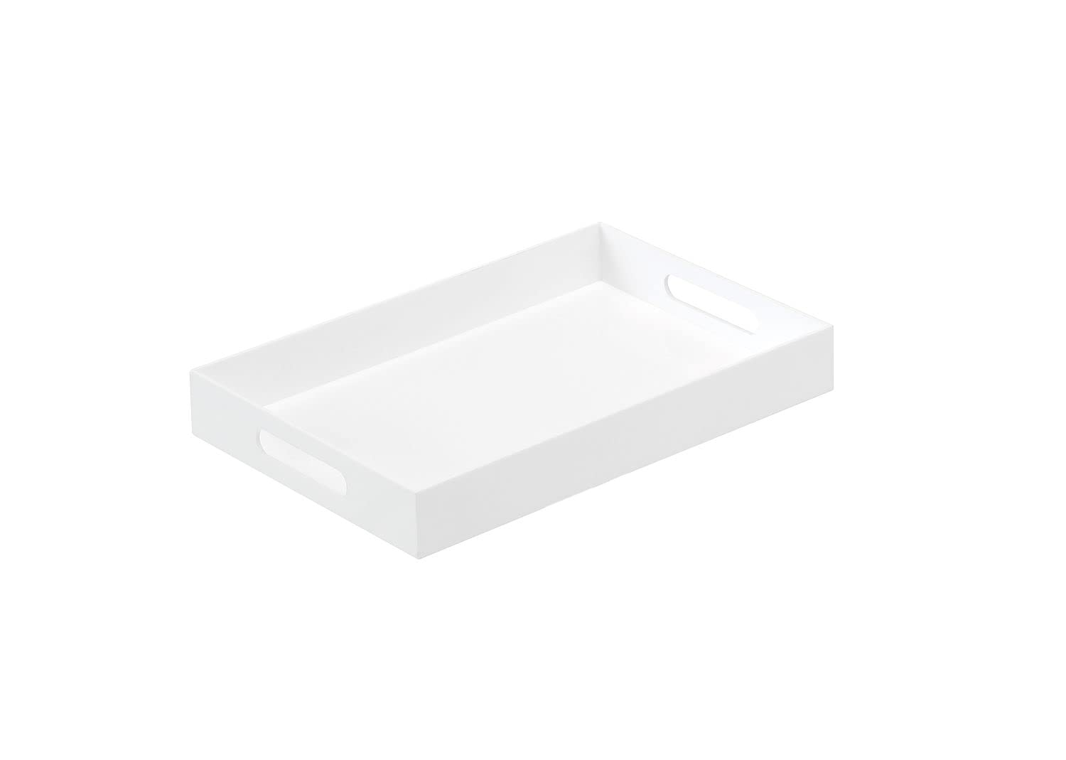 BEYLANG Glossy White Sturdy Acrylic Serving Tray with Handles-10x15Inch-Serving Coffee,Appetizer,Breakfast,Butler-Kitchen Countertop Tray-Makeup Drawer Organizer-Vanity Table,Ottoman Tray-Decorative