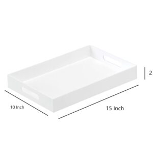 BEYLANG Glossy White Sturdy Acrylic Serving Tray with Handles-10x15Inch-Serving Coffee,Appetizer,Breakfast,Butler-Kitchen Countertop Tray-Makeup Drawer Organizer-Vanity Table,Ottoman Tray-Decorative