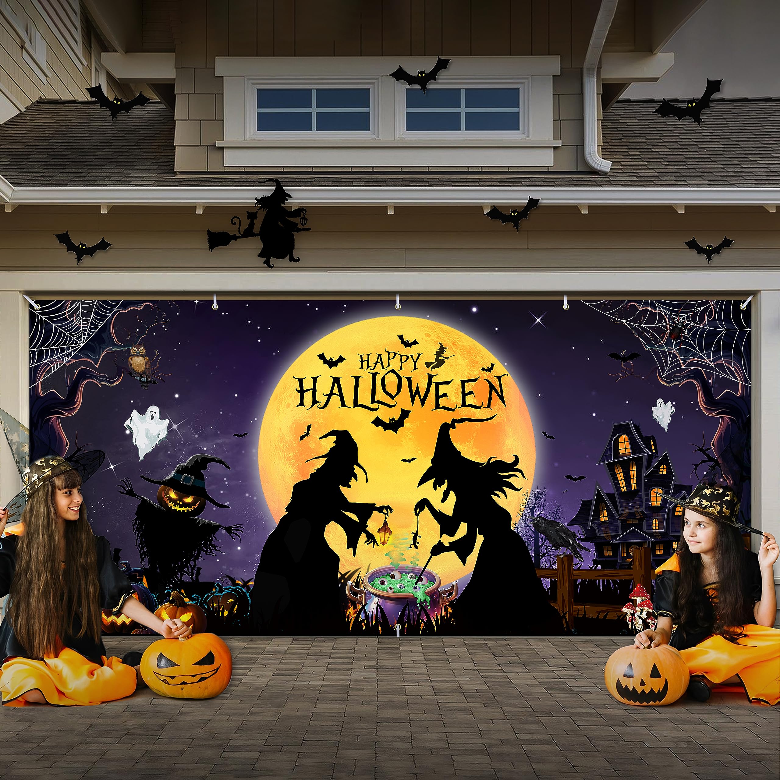 Large Halloween Garage Door Cover Garage Door Decoration Backdrop Party Background Wall Banner for Outdoor Halloween Themed Party Decoration 6 x 13 Ft (Backdrop-01)