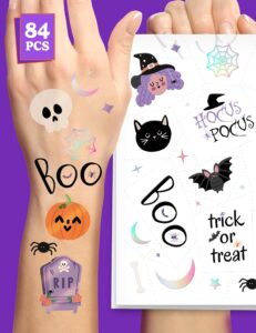 house of party halloween temporary tattoos for kids - 84pcs hocus pocus stickers, bat tattoos, skull stickers, witch tattoos, and spider webs - ideal for halloween party favors and decorations!